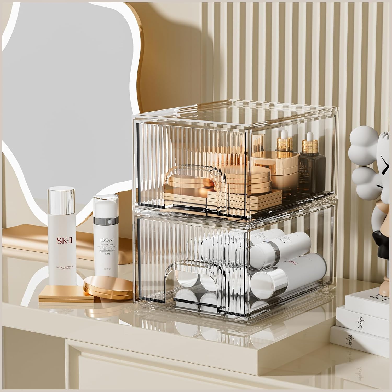 2 Pack Clear Stackable Cosmetic Organizer, Acrylic Drawer, Plastic Organizer for Dresser, Vanity, Kitchen Cabinet, Pantry, Home Organization and Storage