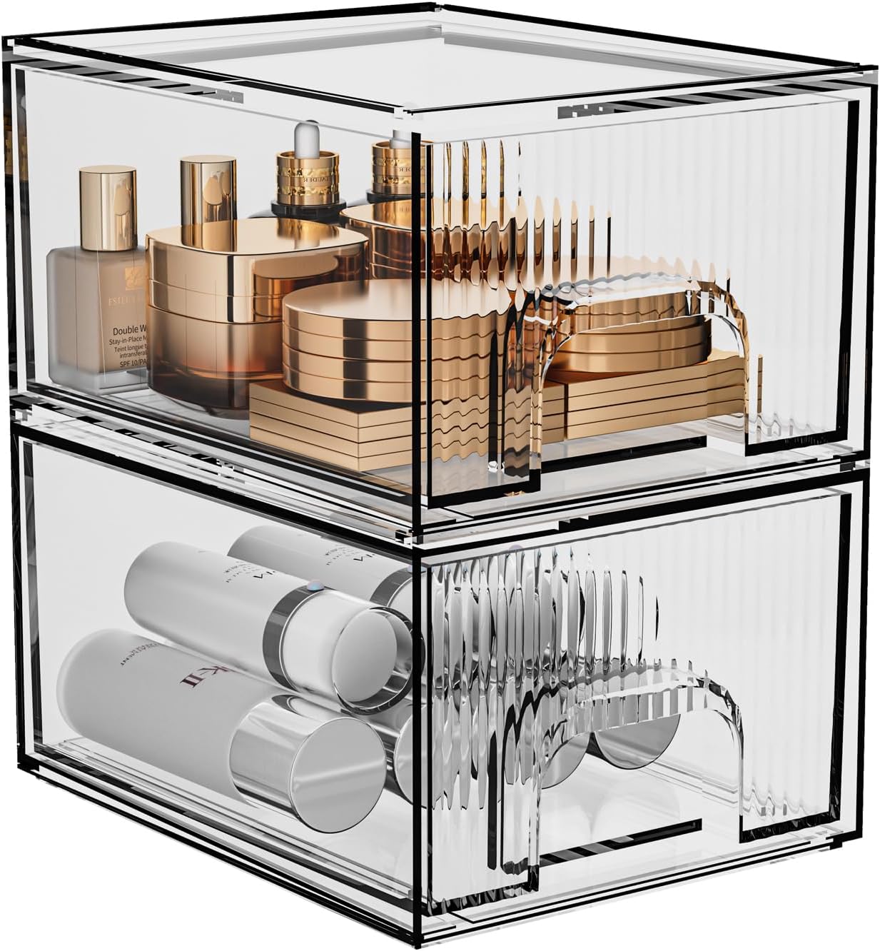 2 Pack Clear Stackable Cosmetic Organizer, Acrylic Drawer, Plastic Organizer for Dresser, Vanity, Kitchen Cabinet, Pantry, Home Organization and Storage