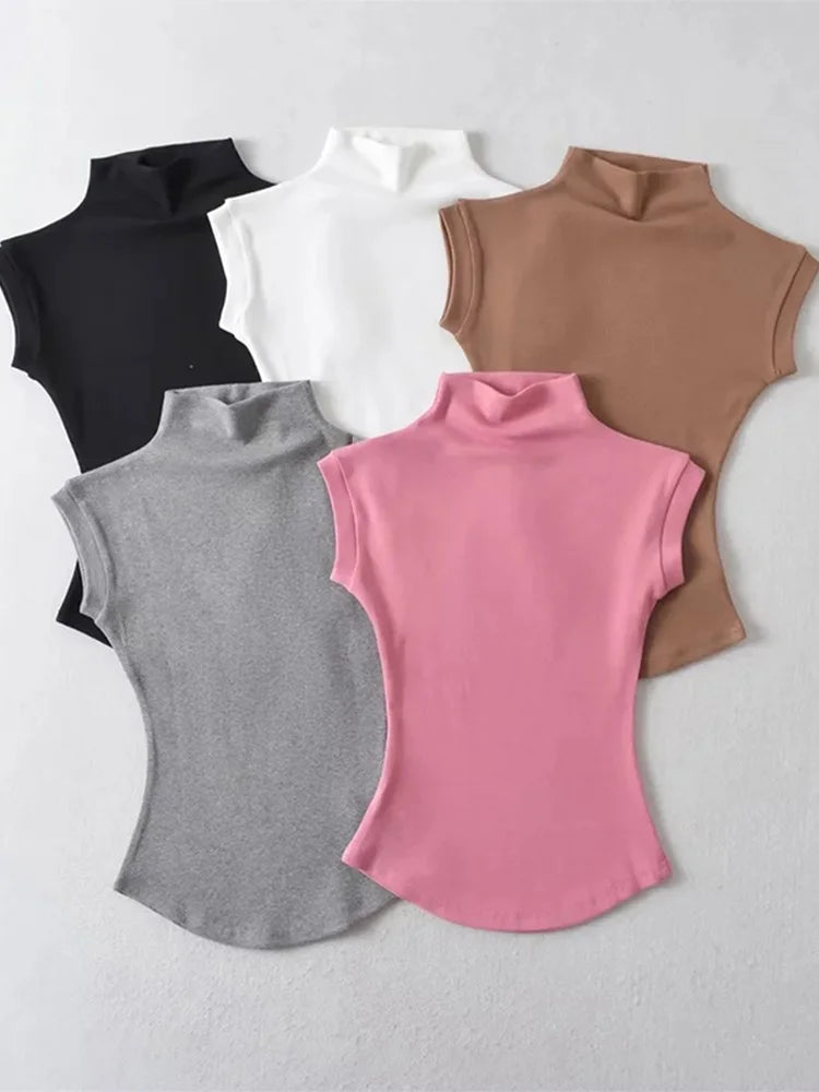 Women Summer Sexy Turtleneck Sleeveless T-Shirts Tops