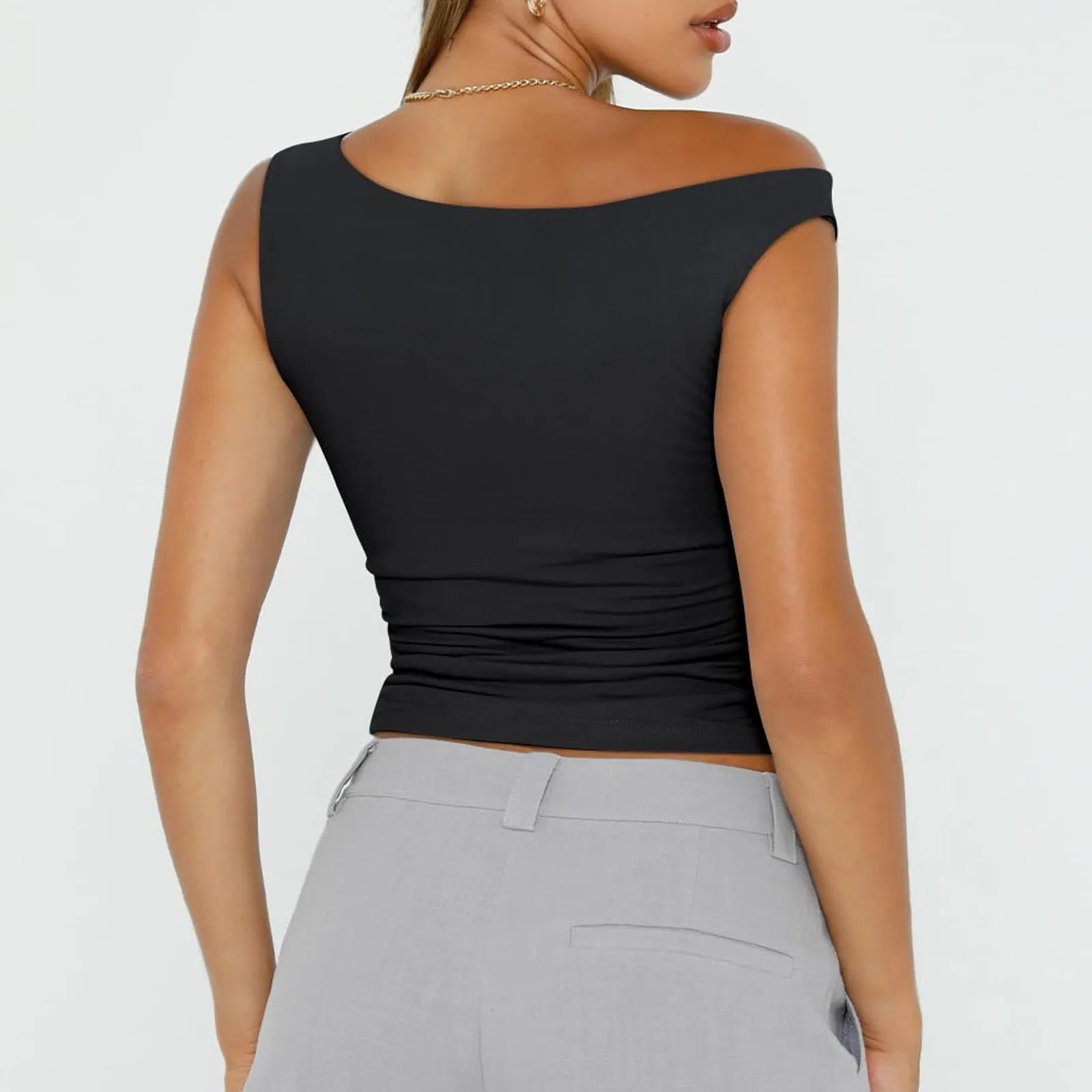 Women Off The Shoulder Sleeveless Soild Sexy Cute Tee Slim Fit Tight Crop-Top