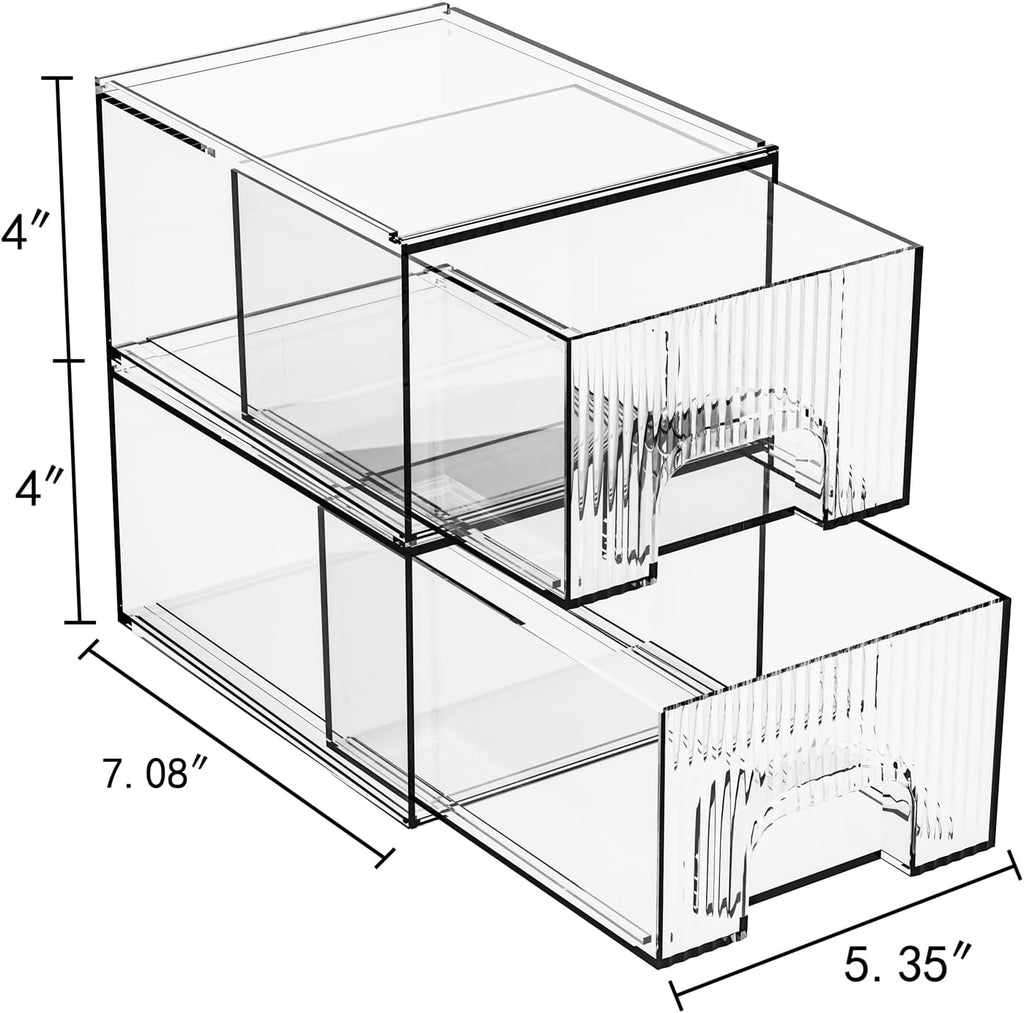 2 Pack Clear Stackable Cosmetic Organizer, Acrylic Drawer, Plastic Organizer for Dresser, Vanity, Kitchen Cabinet, Pantry, Home Organization and Storage