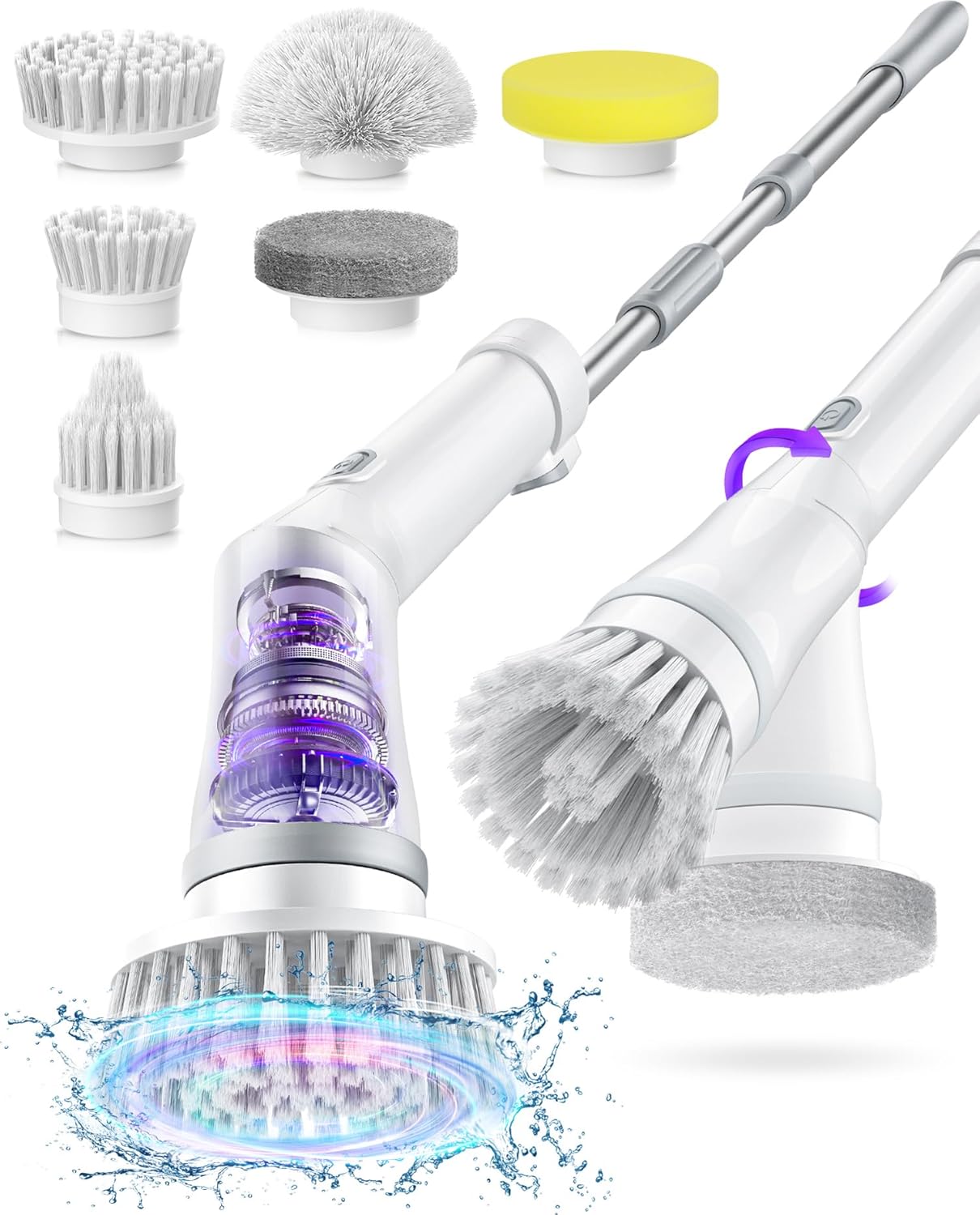 Electric Spin Scrubber, Cordless Shower Scrubber Rotary Floor Brushes & Pad Drivers with 6 Brush Heads - 2H Dual Speed,