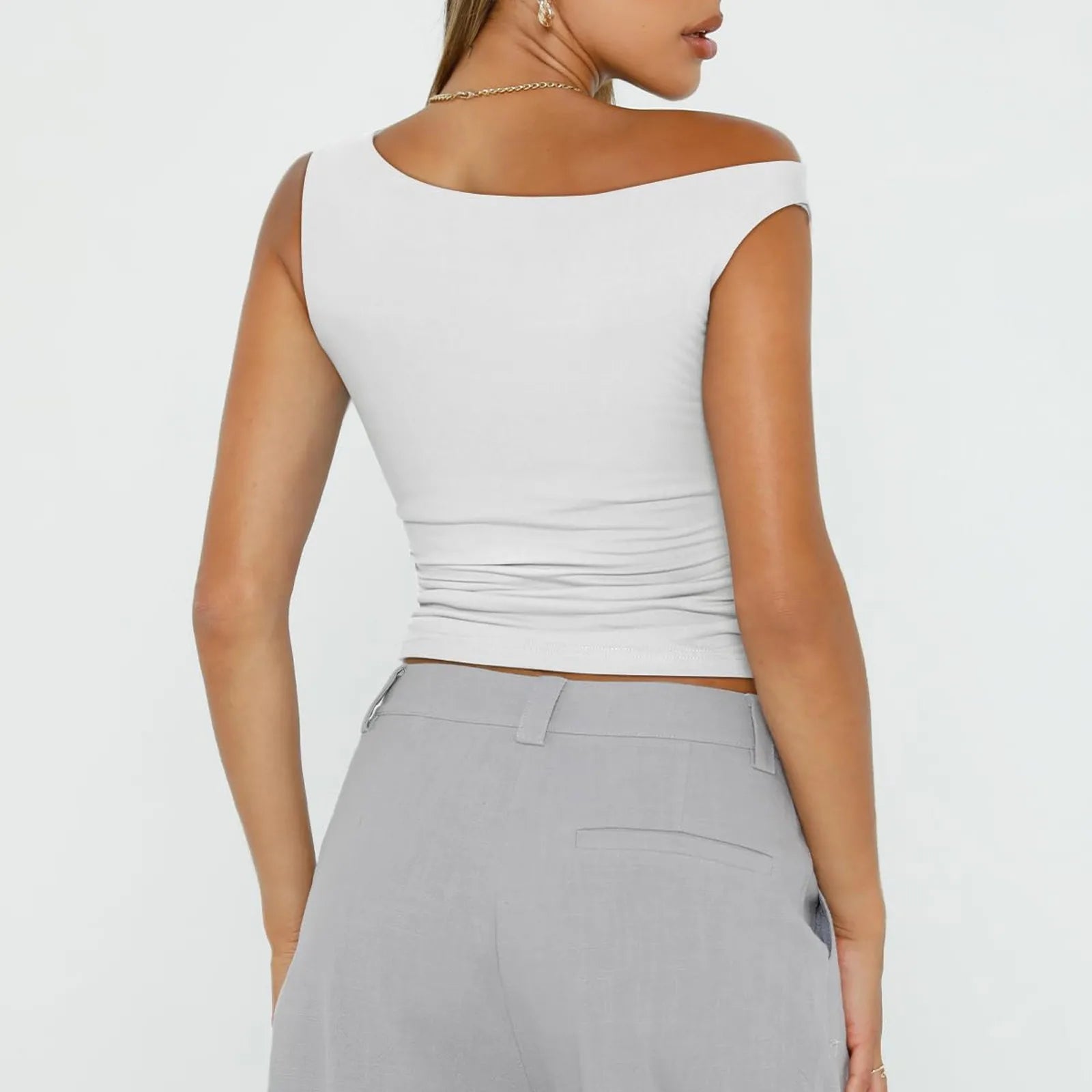 Women Off The Shoulder Sleeveless Soild Sexy Cute Tee Slim Fit Tight Crop-Top