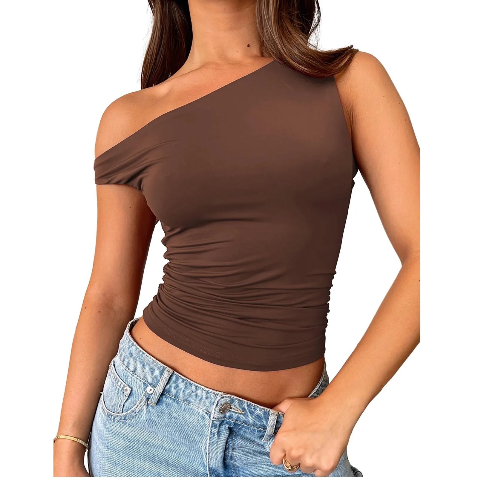 Women Off The Shoulder Sleeveless Soild Sexy Cute Tee Slim Fit Tight Crop-Top