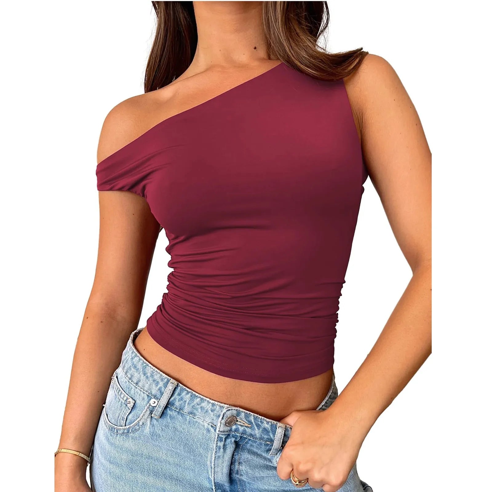 Women Off The Shoulder Sleeveless Soild Sexy Cute Tee Slim Fit Tight Crop-Top