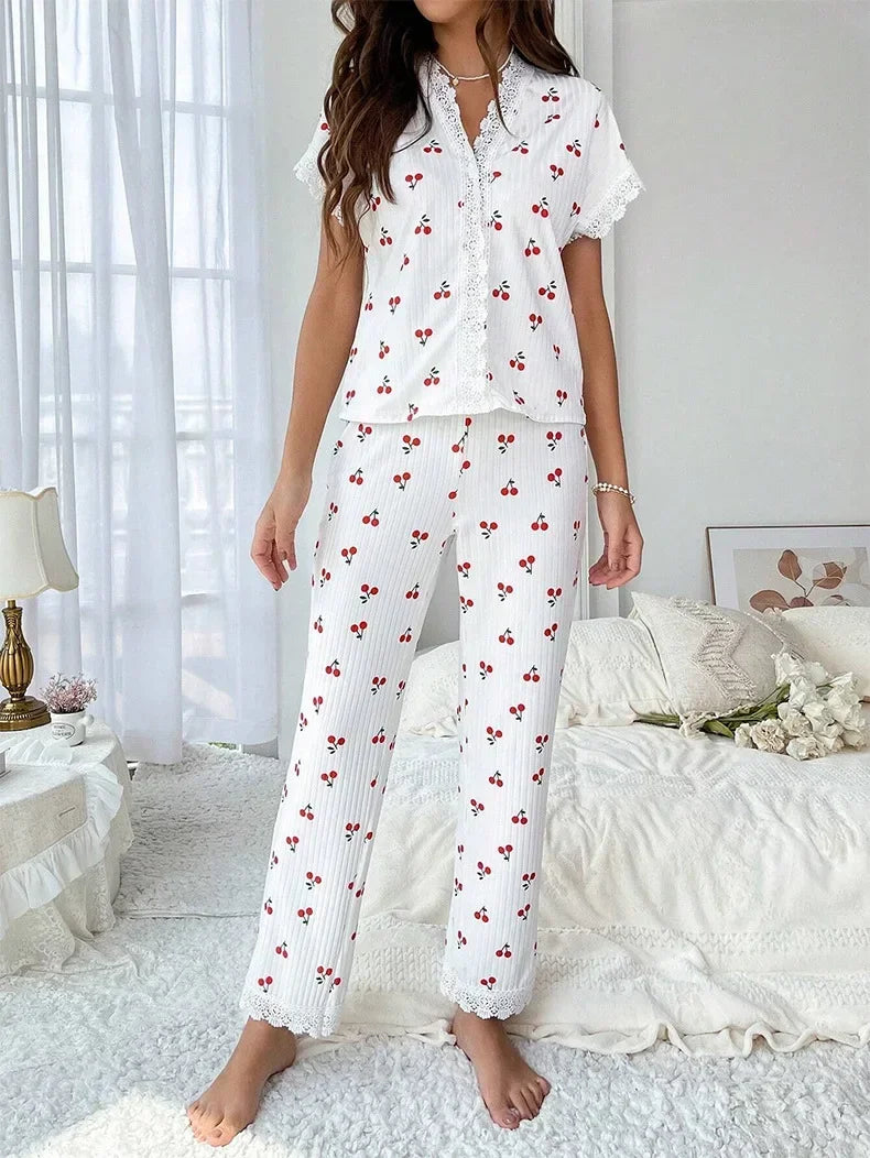 Lace Trim Women Pajama Set