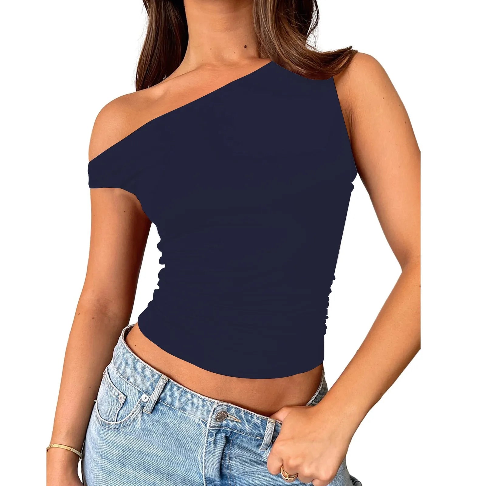 Women Off The Shoulder Sleeveless Soild Sexy Cute Tee Slim Fit Tight Crop-Top