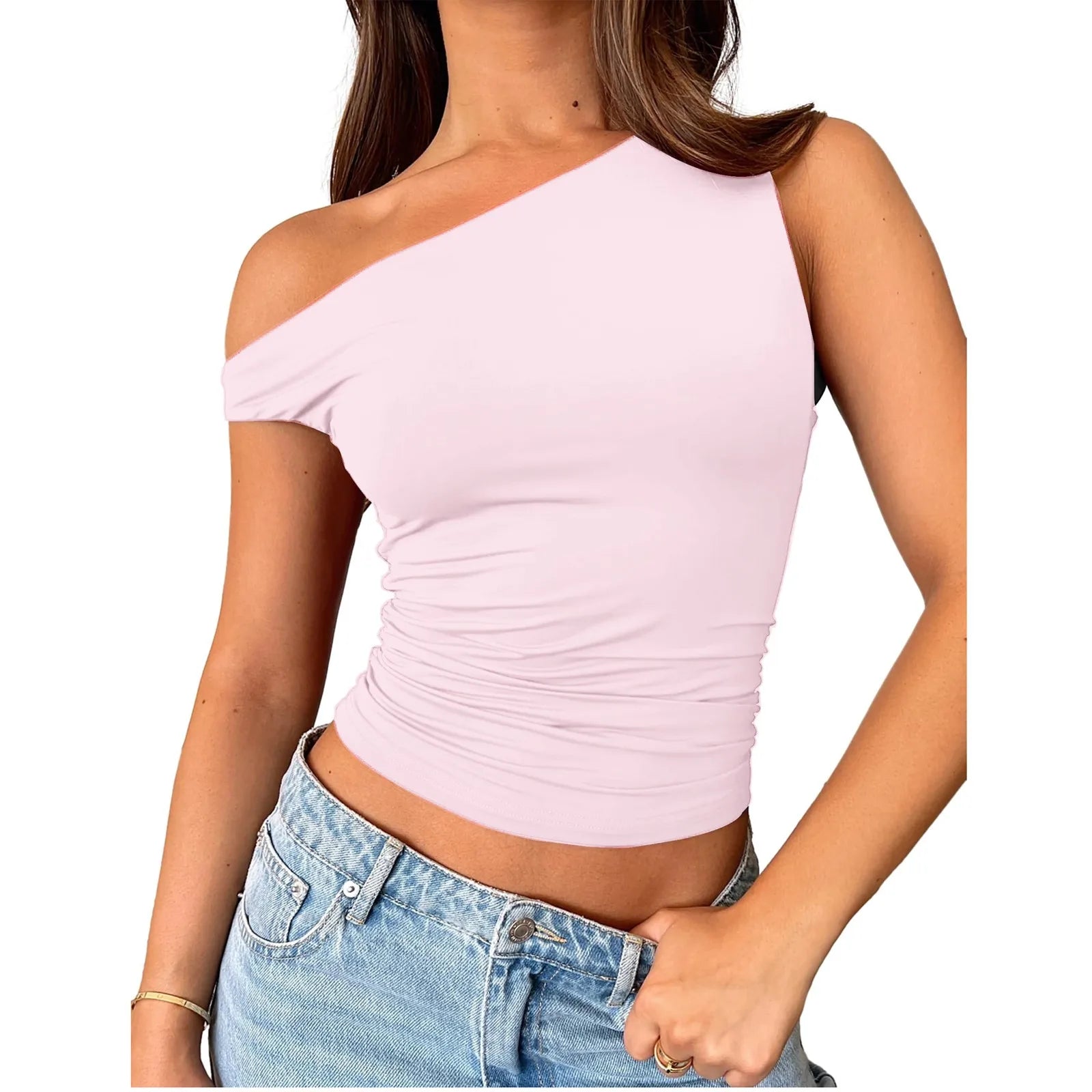Women Off The Shoulder Sleeveless Soild Sexy Cute Tee Slim Fit Tight Crop-Top