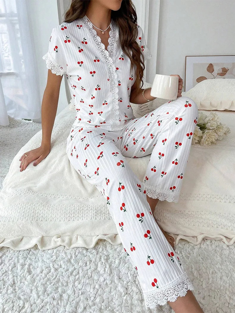 Lace Trim Women Pajama Set