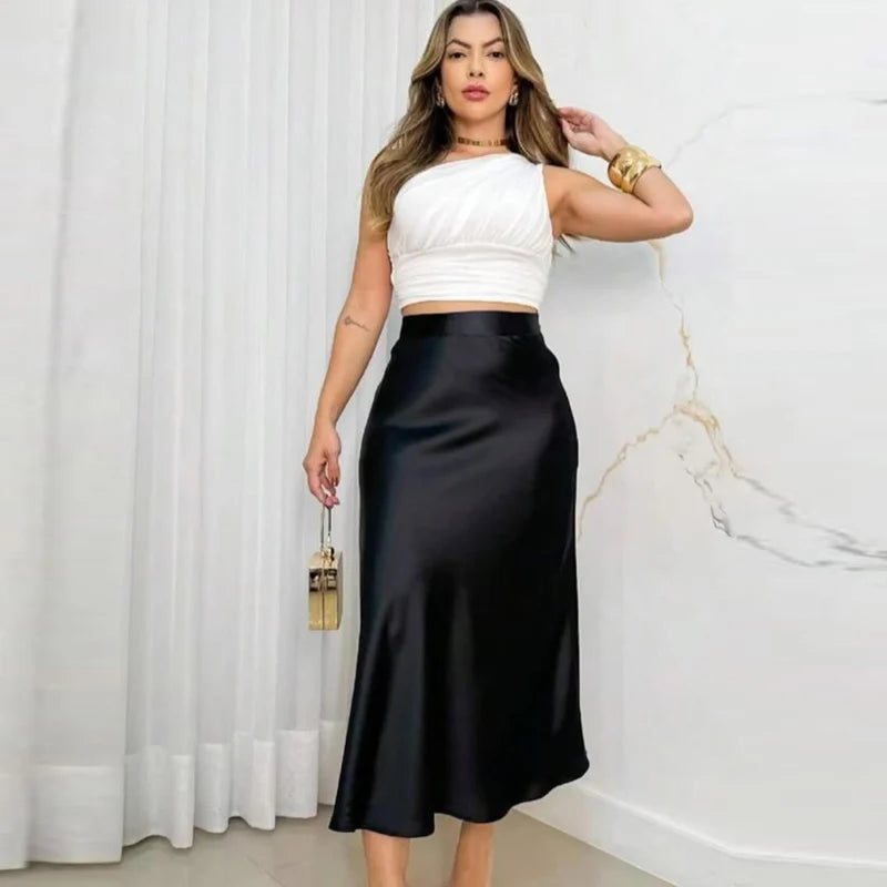 Women 2025 Satin Black Skirt Women