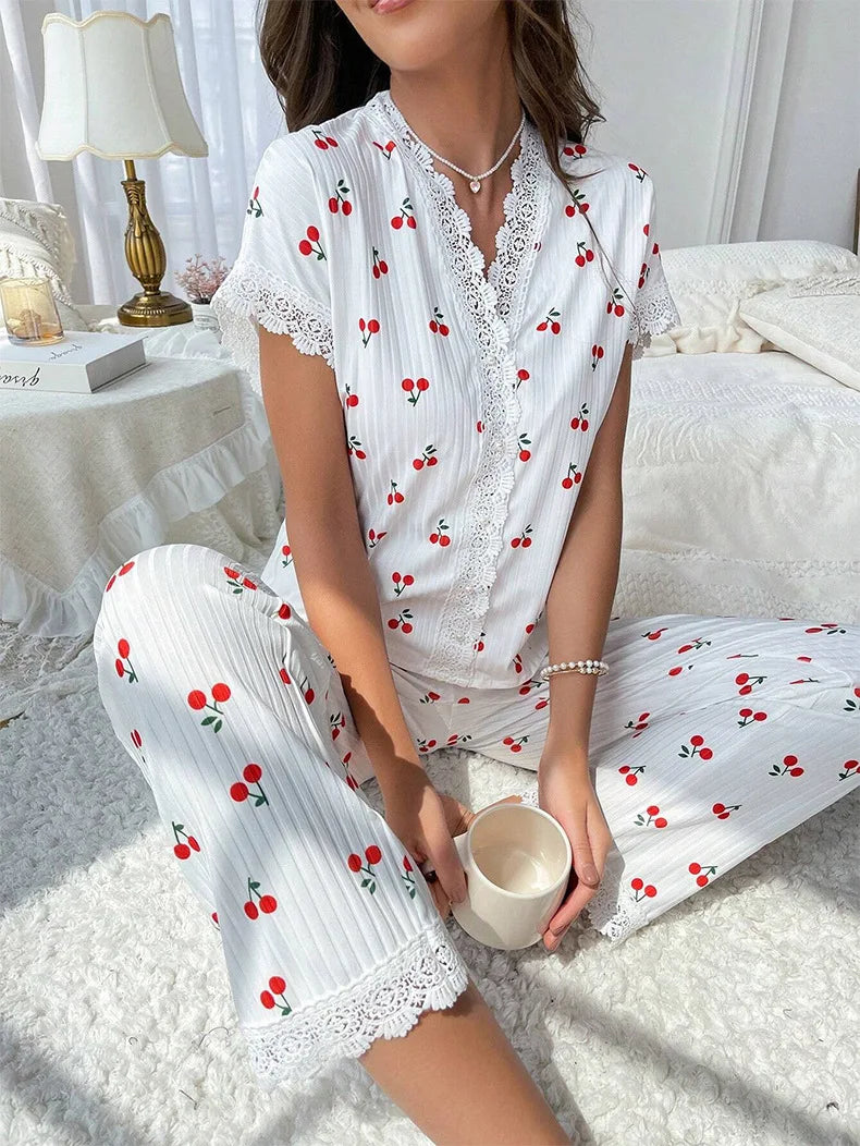 Lace Trim Women Pajama Set
