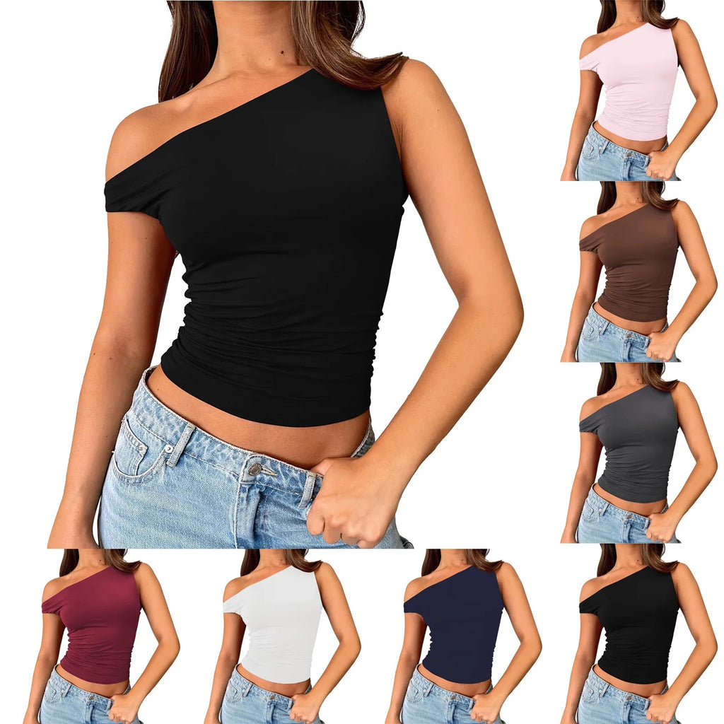Women Off The Shoulder Sleeveless Soild Sexy Cute Tee Slim Fit Tight Crop-Top