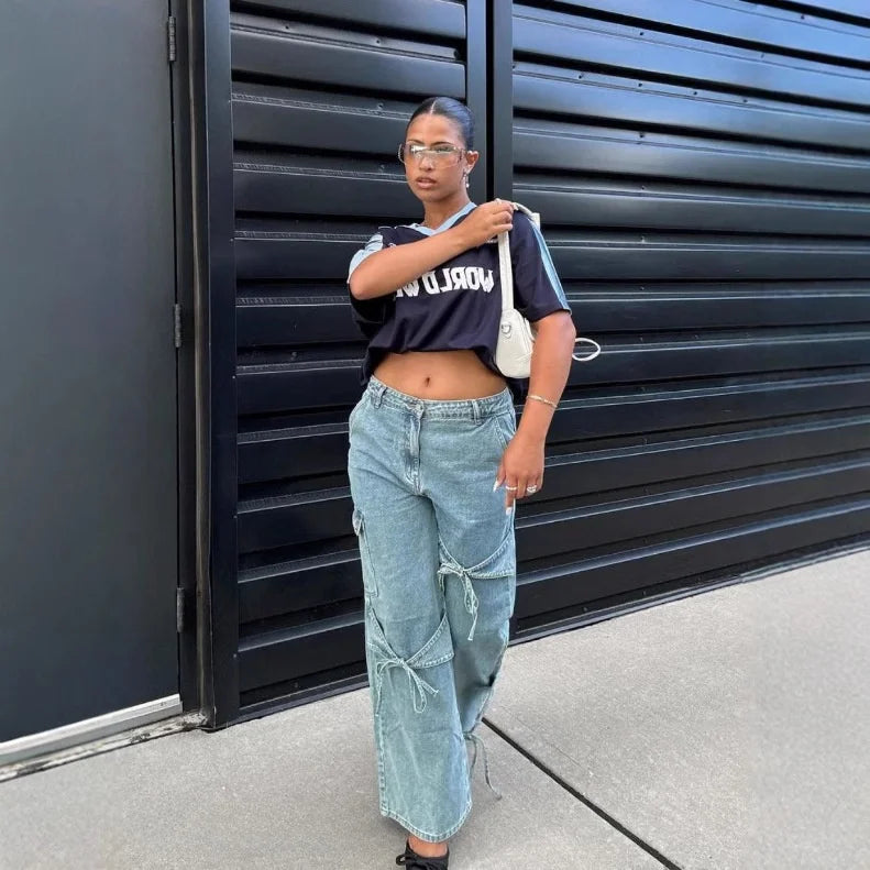 Loose Straight Leg Denim Pants Women's High Waist Wide Leg Trousers