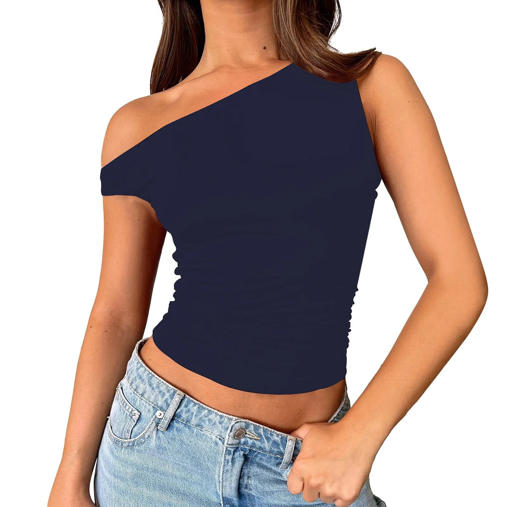 Women Off The Shoulder Sleeveless Soild Sexy Cute Tee Slim Fit Tight Crop-Top