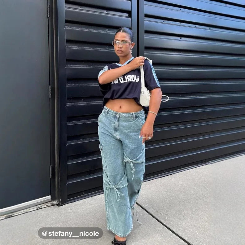 Loose Straight Leg Denim Pants Women's High Waist Wide Leg Trousers