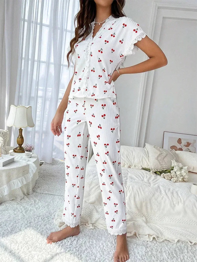 Lace Trim Women Pajama Set