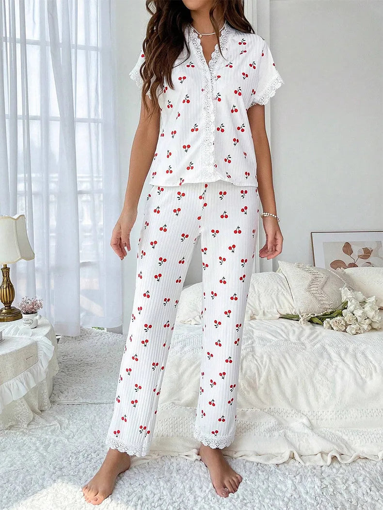 Lace Trim Women Pajama Set