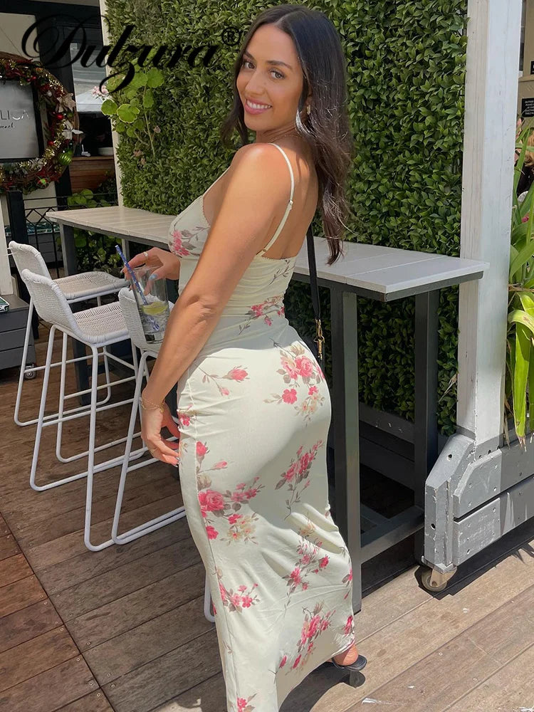 Floral Print Sleeveless Backless Bodycon  Dresses